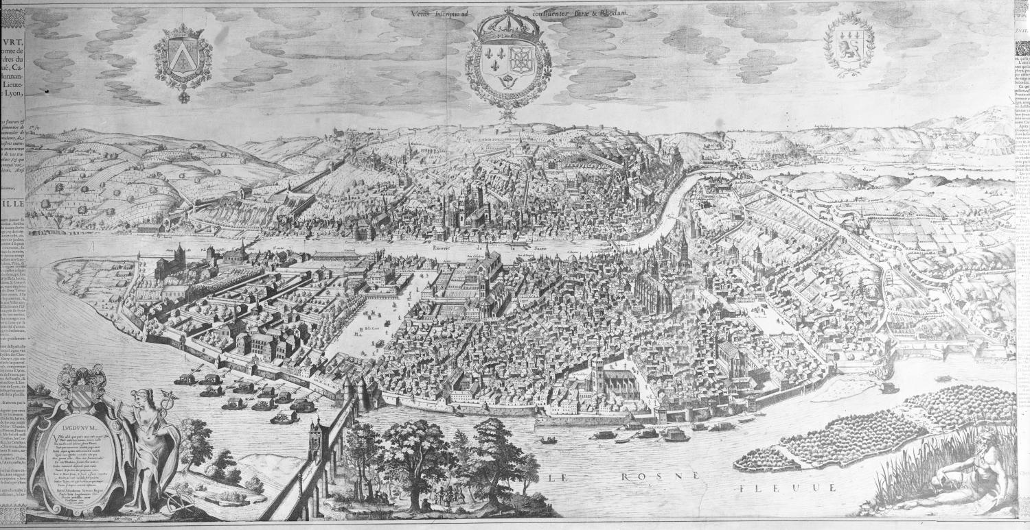 [Vue panoramique de Lyon et de ses environs dite "Grande vue de Simon Maupin", gravée en 1626, 1er état]