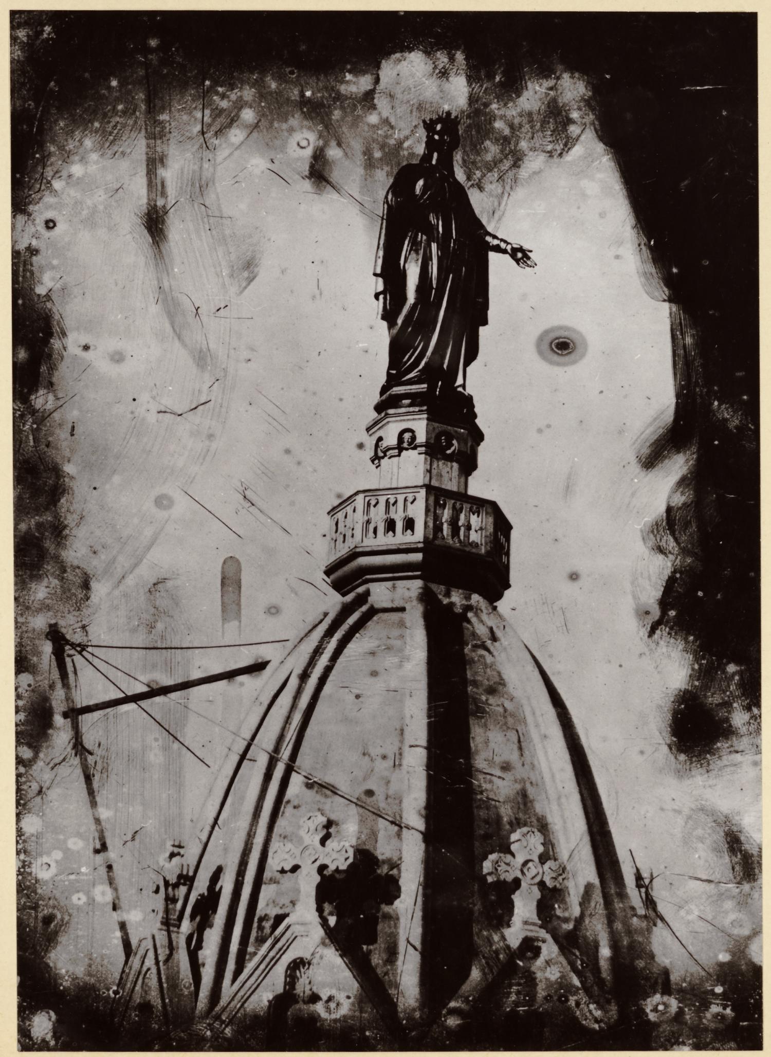 [Pose de la statue de la Vierge en bronze doré sur le clocher de la basilique de Fourvière en 1852]