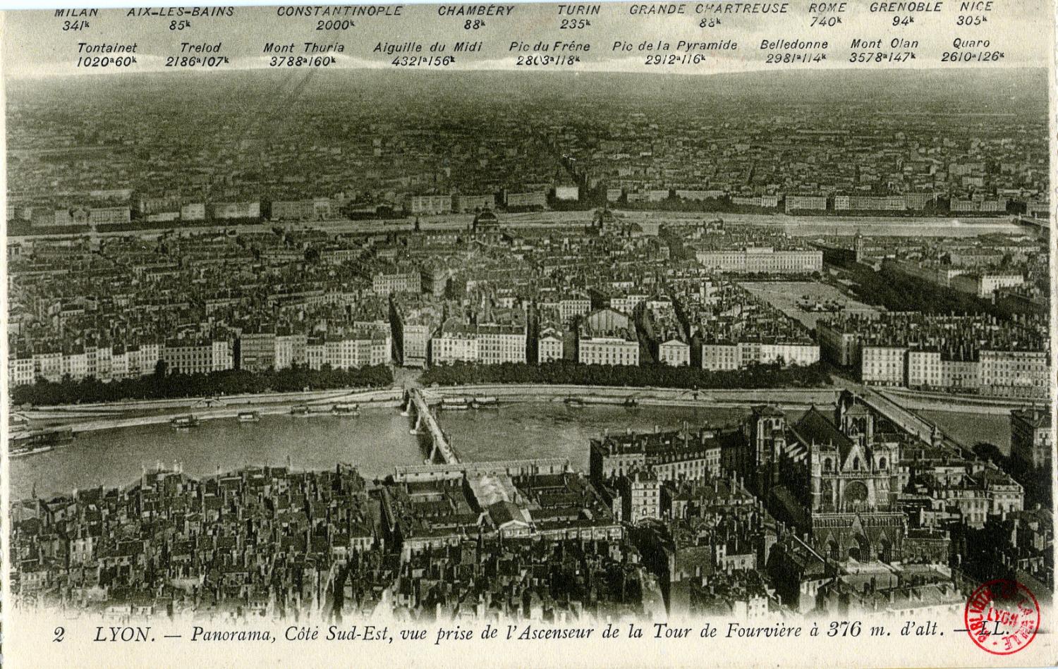 Lyon. - Panorama, côté Sud Est, vue prise de l'ascenseur de la Tour de Fourvière à 376 m. d'alt.