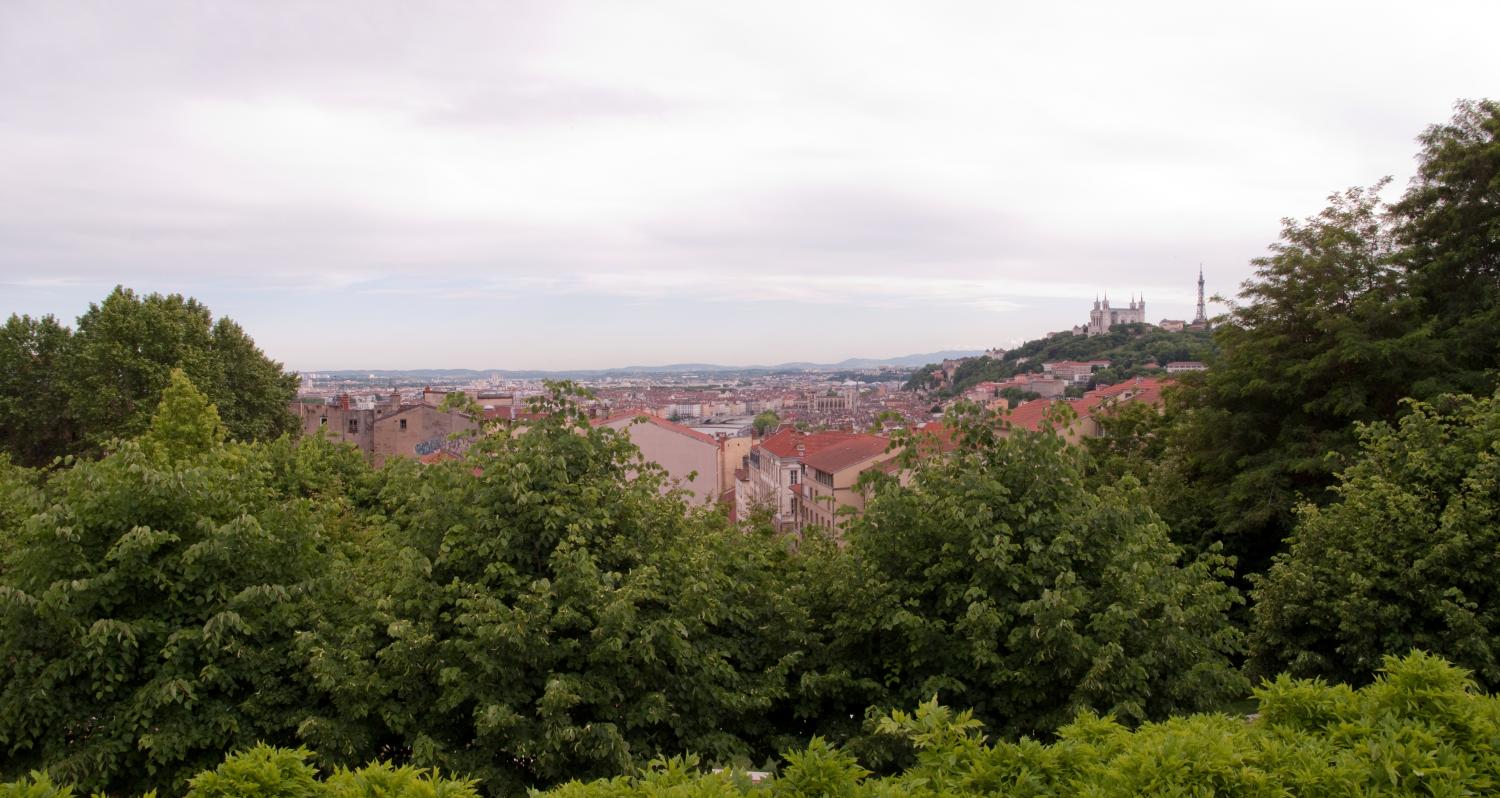 La Cathédrale Saint-Jean, Notre-Dame de Fourvière et la Saône vues depuis le haut de la Montée de la Grande-Côte