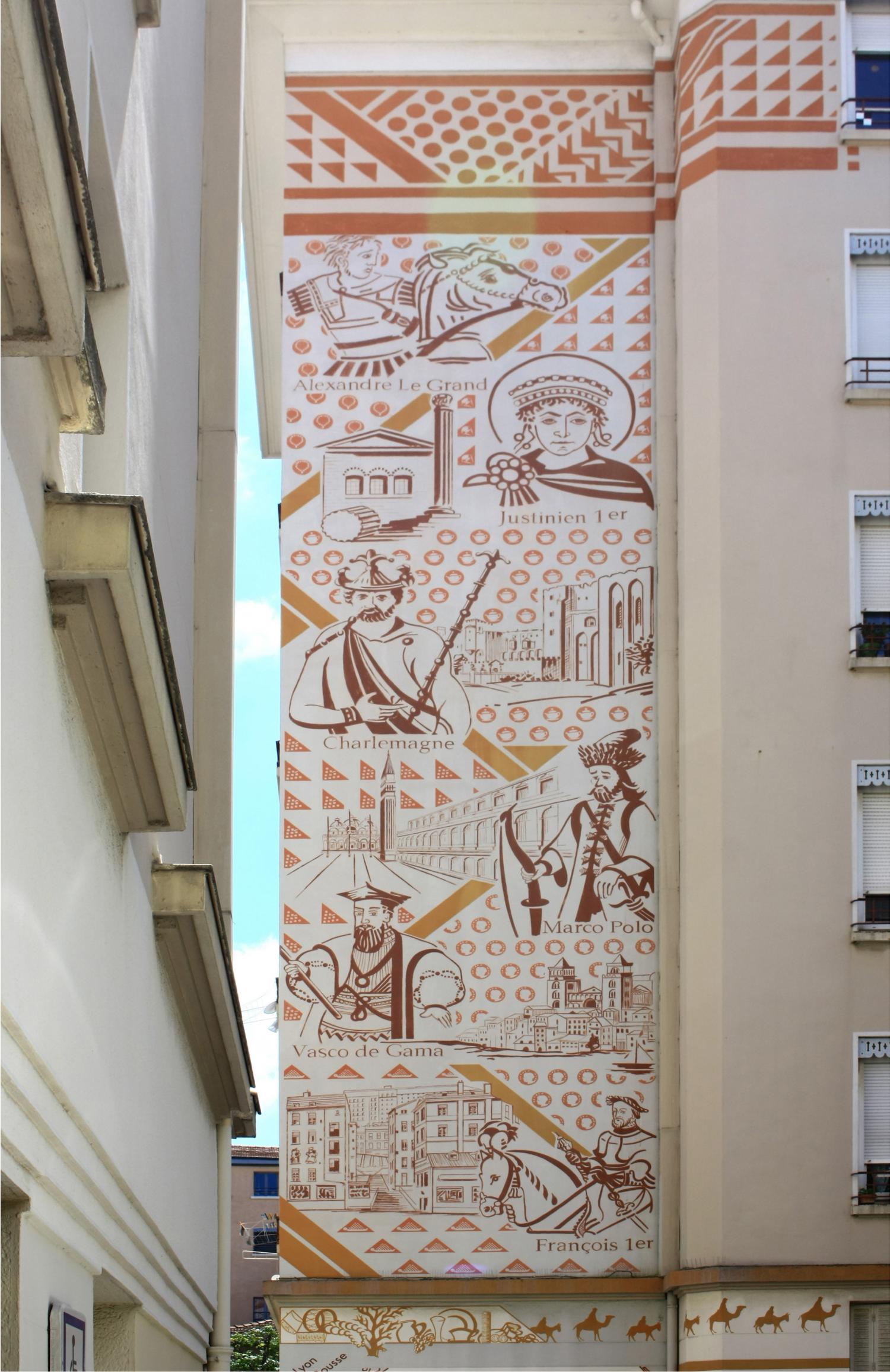Fresque la "Porte de la soie", 3 rue Carquillat, 1er arrondissement.