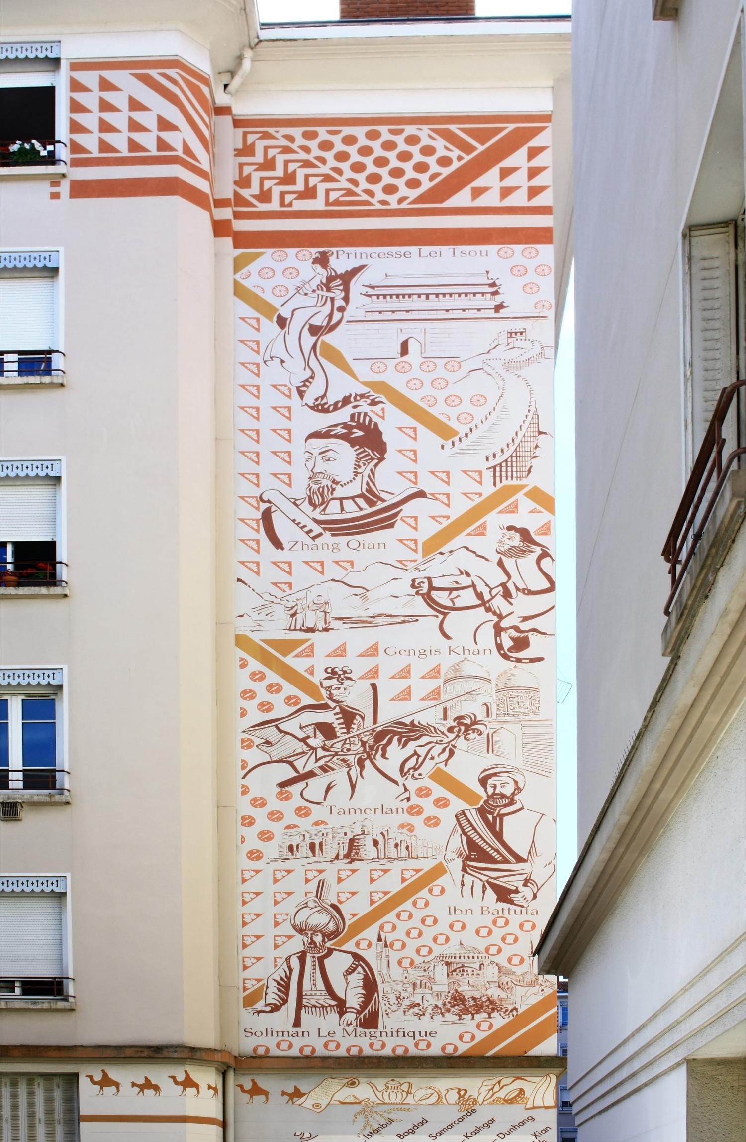 Fresque "Porte de la soie", 3 rue Carquillat, 1er arrondissement.