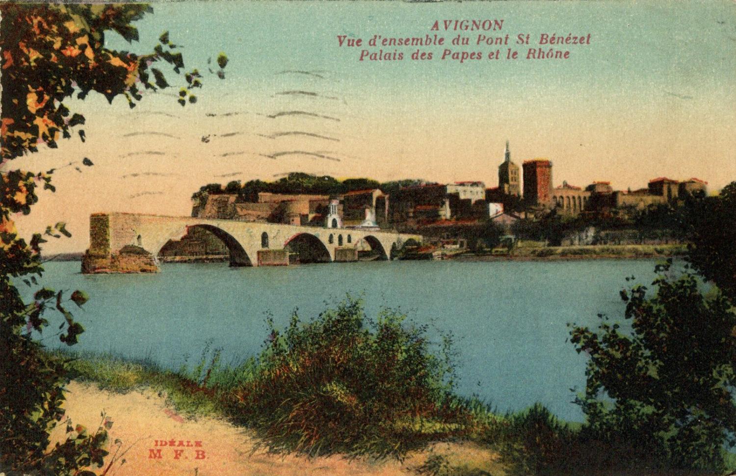 Avignon - Vue d'ensemble du Pont Saint-Bénézet, Palais des Papes et le Rhône.