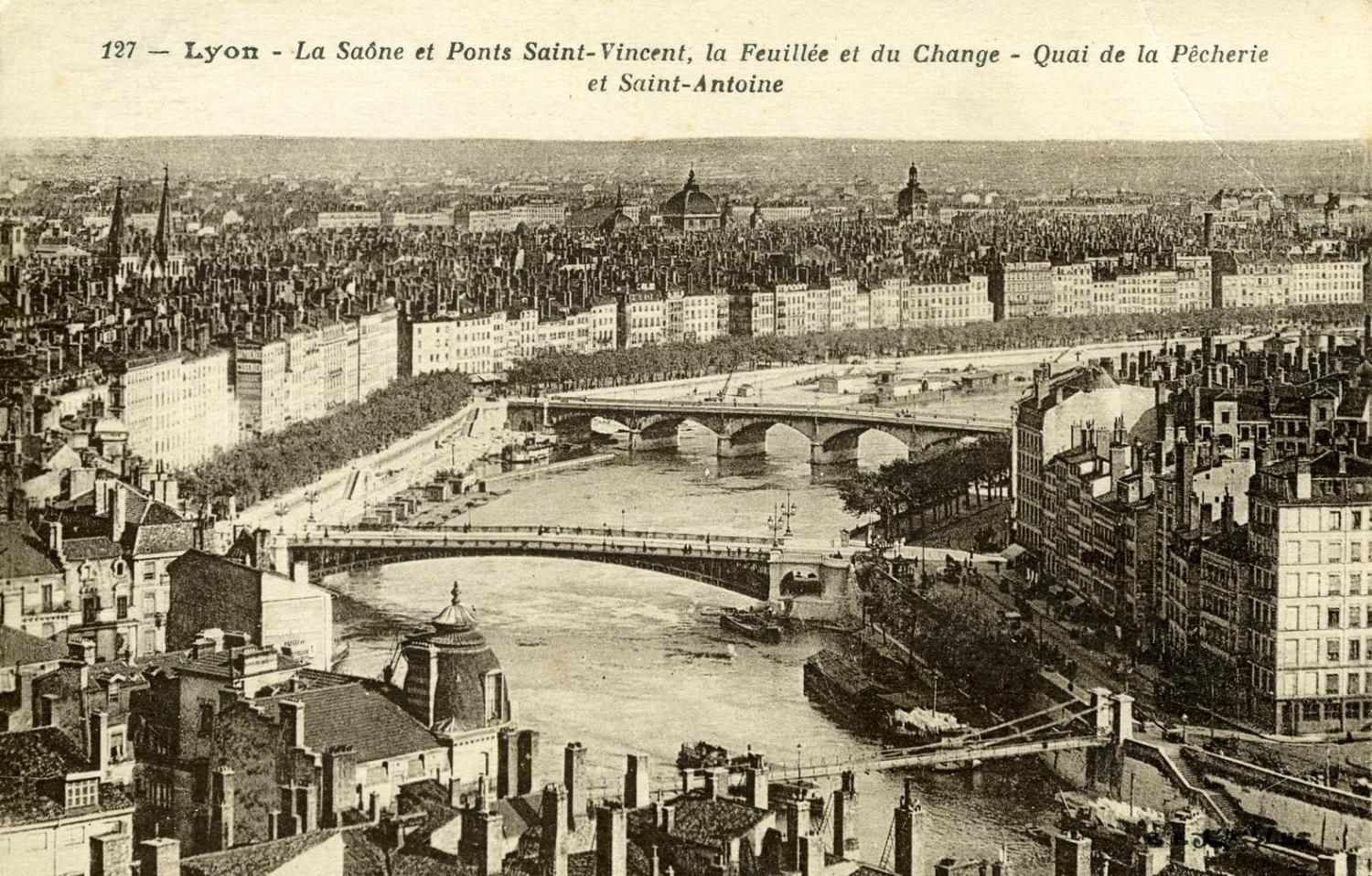 Lyon - La Saône et Ponts Saint-Vincent, la Feuillée et du Change - Quai de la Pêcherie et Saint-Antoine