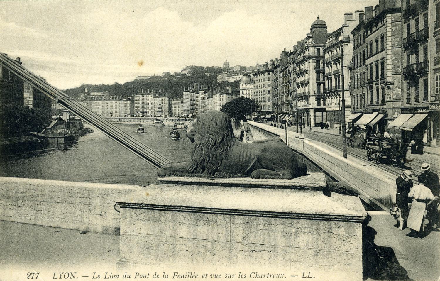 Lyon - Le Lion du Pont de la Feuillée et vue sur les Chartreux.