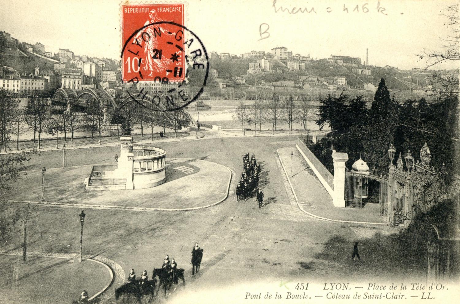 Lyon : Place de la Tête d'Or ; Pont de la Boucle ; Côteau de Saint-Clair.