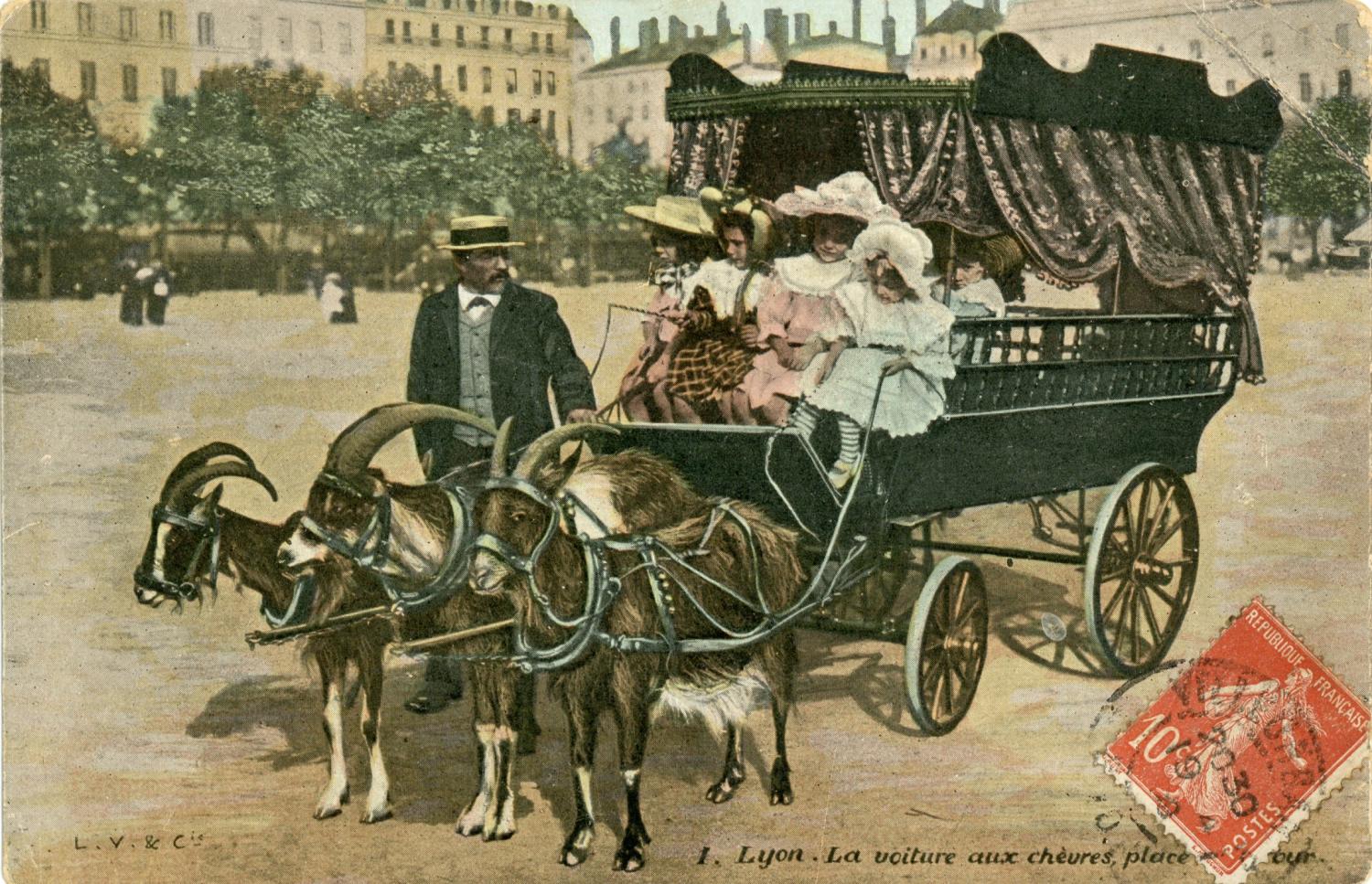 Lyon : La voiture aux chèvres ; place Bellecour.