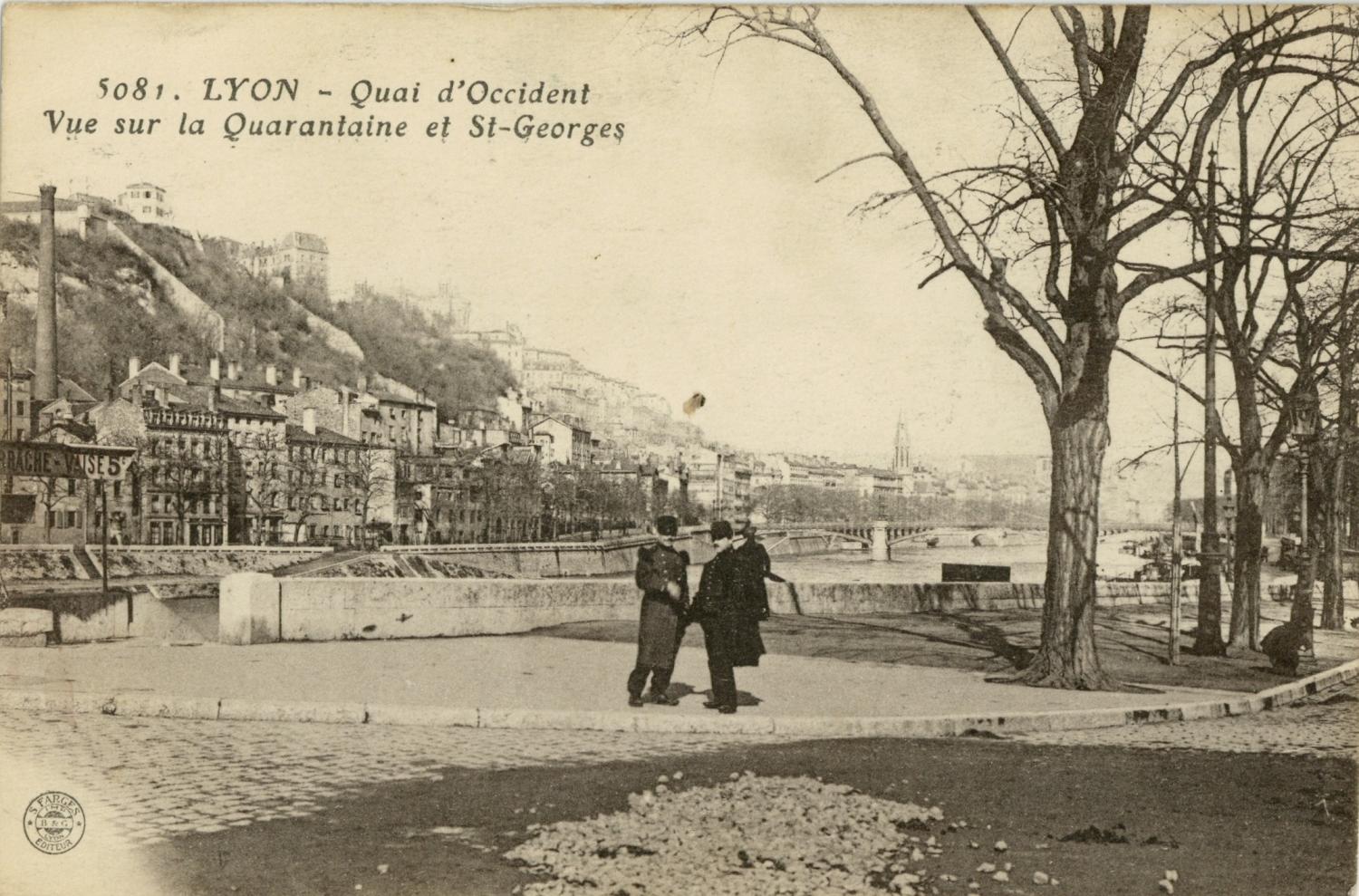 Lyon : Quai d'Occident ; Vue sur la Quarantaine et St-Georges.