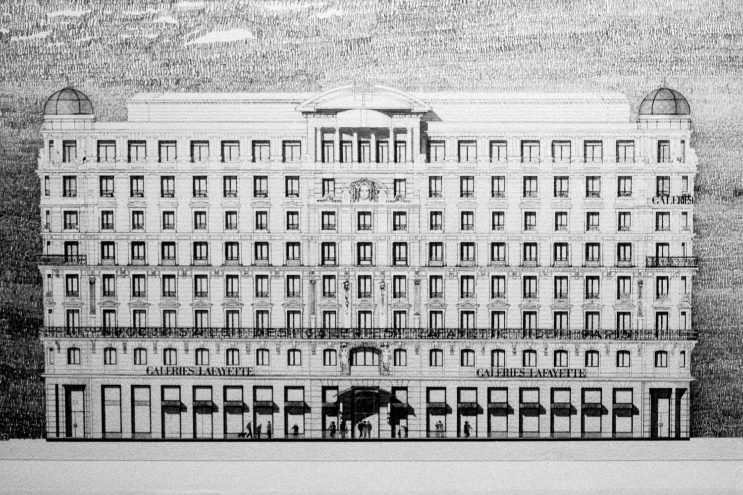 [Lyon 2010. Dessin de l'immeuble des Galeries Lafayette (Ch. Delfante, architecte)]