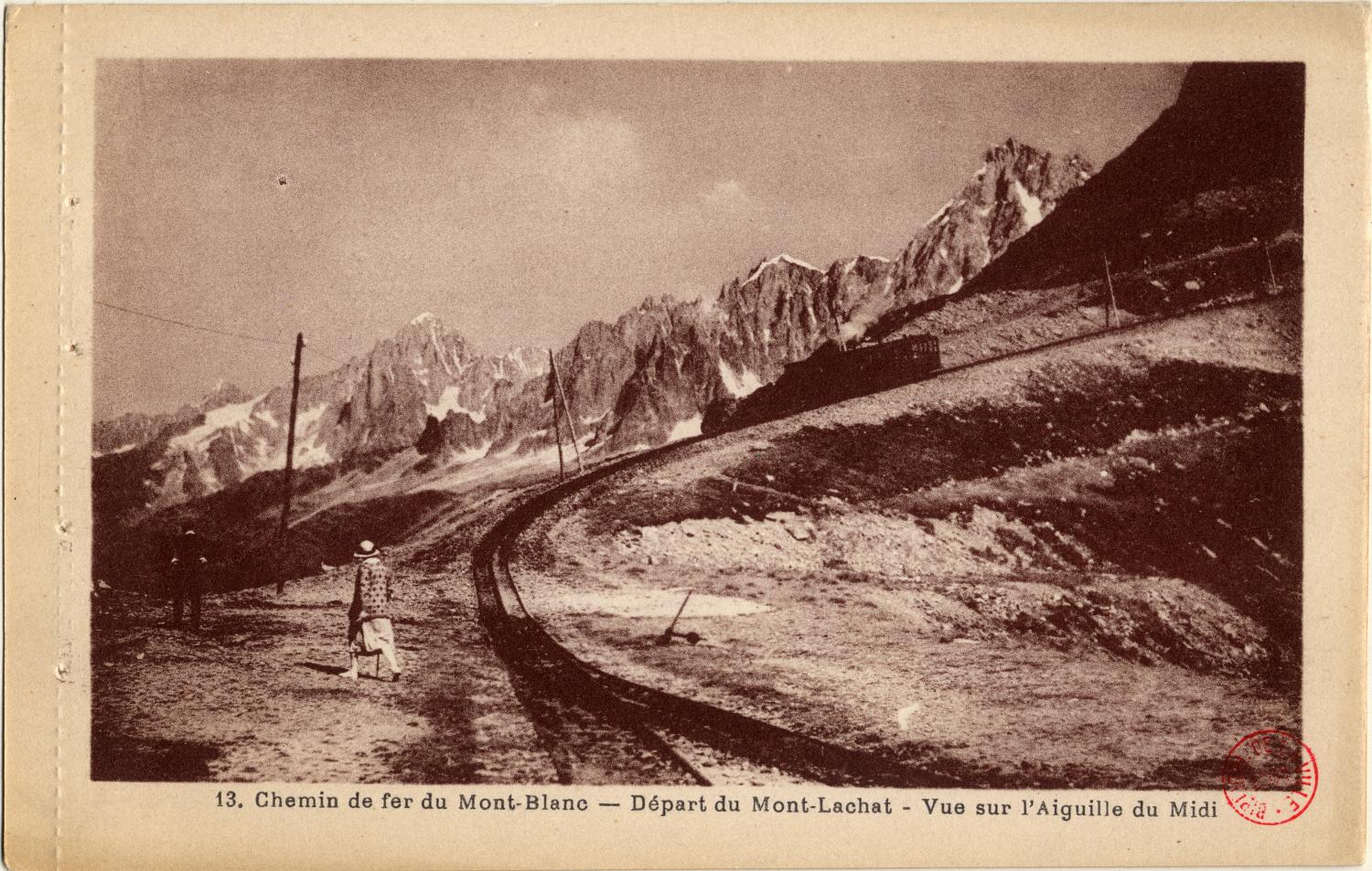 Chemin de fer du Mont-Blanc : Départ du Mont-Lachat ; Vue sur l'Aiguille du Midi