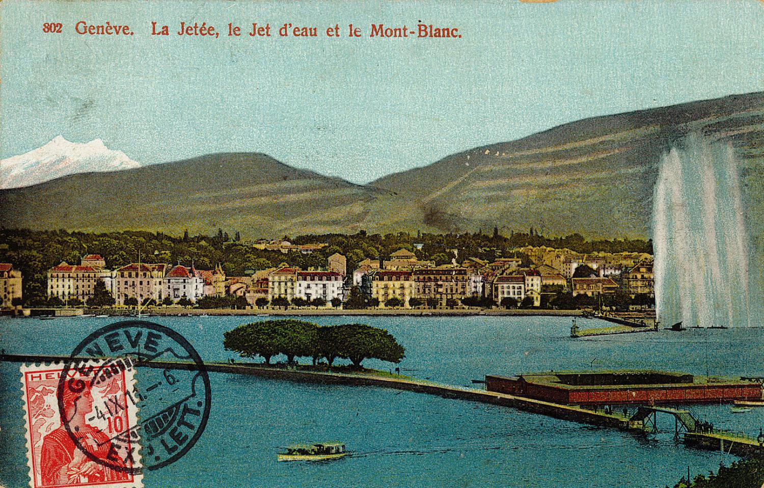 Genève. La Jetée, le Jet d'eau et le Mont-Blanc