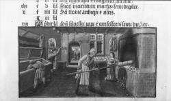[Missel franciscain, folio 6 (verso), fin XVe siècle : vignette du mois de décembre repésentant un boulanger au travail]