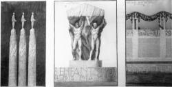 [Monument aux morts de la ville de Lyon, sur l'Ile aux Cygnes au Parc de la Tête-d'Or : projet dit aux six colonnes (détail) et dessin du cénotaphe conçu par Jean Larrivé]