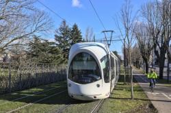 Tram T2 et cycliste, Bron (Rhône)