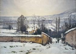 "Caluire. Neige au Vernay, chemin avec personnage", aquarelle d'Eugène Villon (1946)