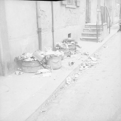 [Les poubelles en vrac sur le trottoir]