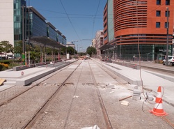 Chantier du prolongement de la rue Mouton-Duvernet et de la ligne T4 au carrefour des rues Paul-Bert et de la Villette