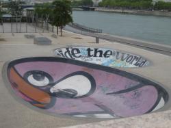 Skatepark sur les berges du Rhône, décoré de l'oiseau de Knar