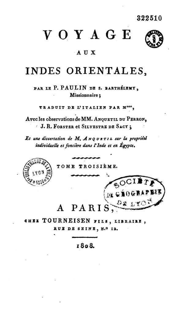Voyage aux Indes Orientales  P. de Saint-Barthélémy. 1808