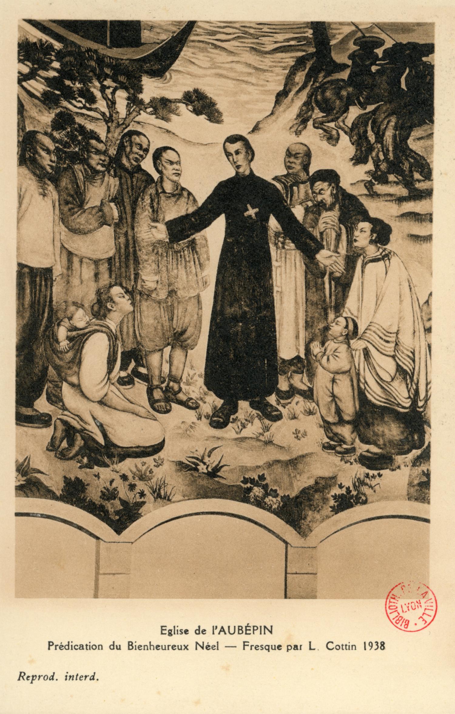 Eglise de L'Aubépin. - Prédication du bienheureux Néel, martyr. - Fresque par L. Cottin 1938
