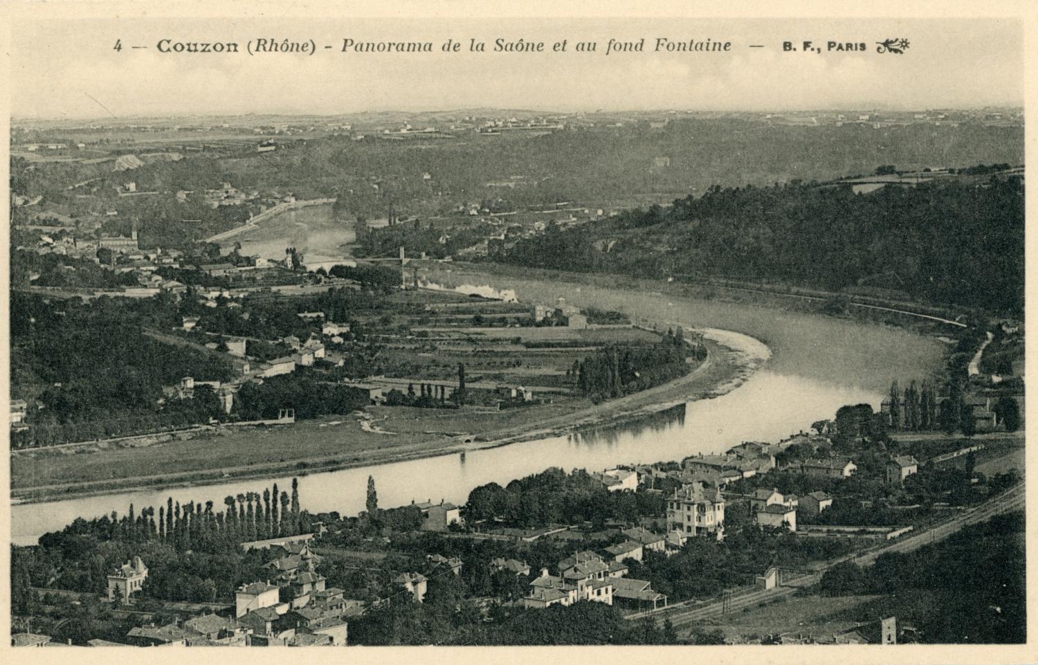 Couzon (Rhône). - Panorama de la Saône et au fond Fontaine